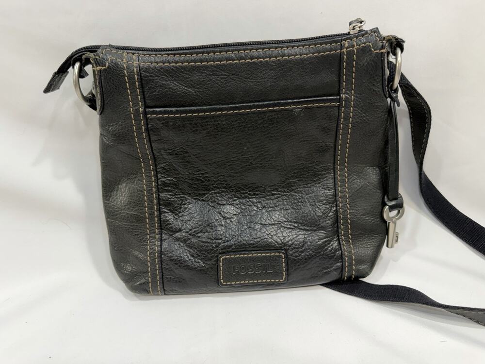 Fossil Black/Charcoal Gray Distressed-Look Pebbled Leather Crossbody Bag Purse
